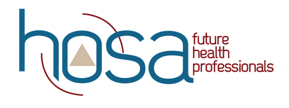 HOSA logo. Blue, lower-case letters H, O, S, and A with the words future health professionals in red text to the right